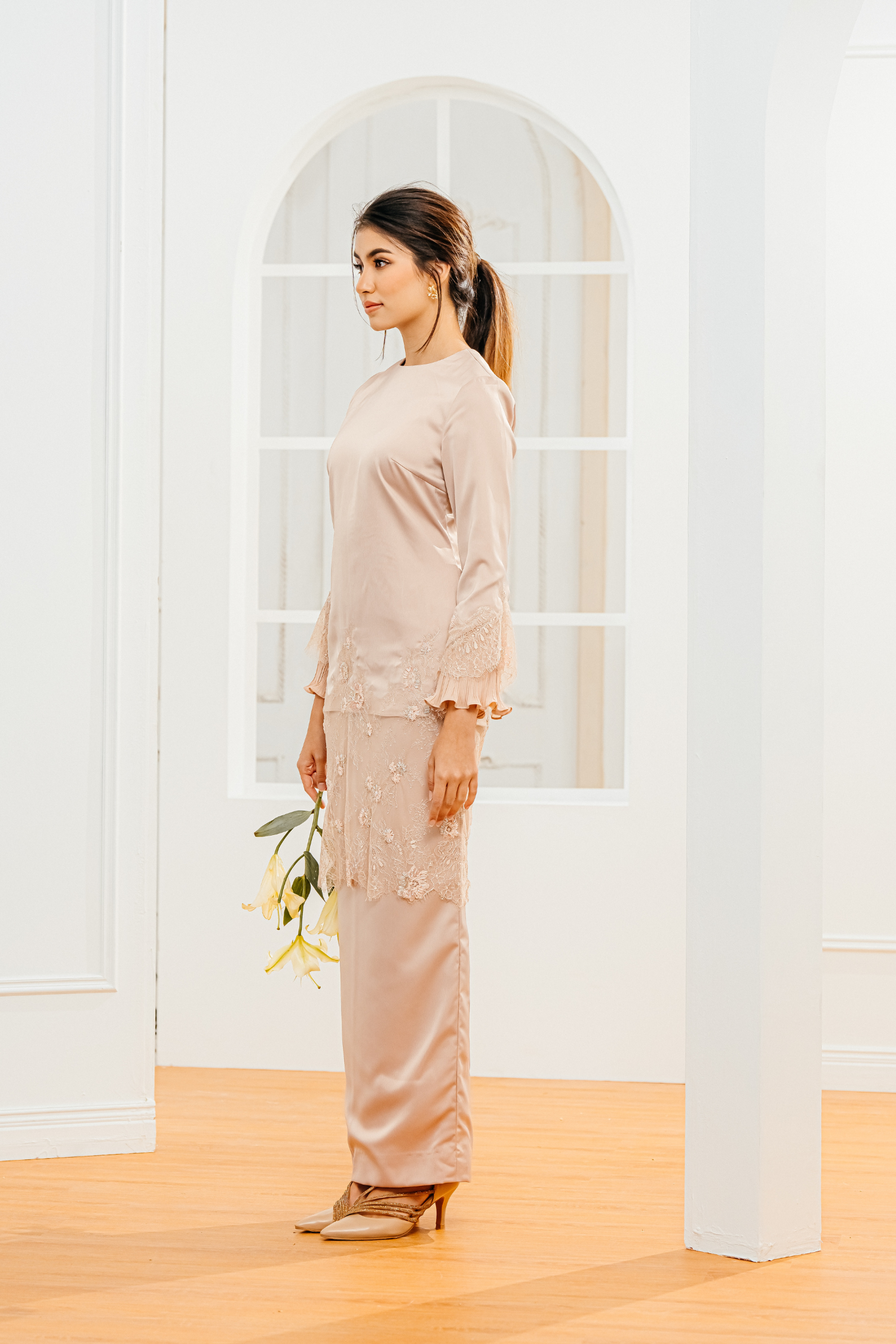 rose gold dress malaysia Rose Gold Boat Neck Chiffon One Shoulder Shawl Mother of Bride Dress