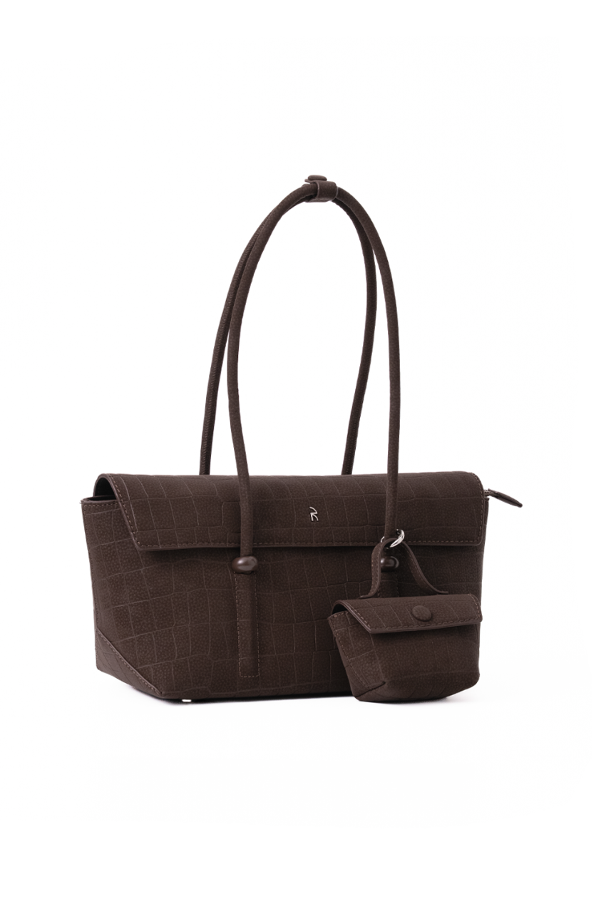 Rico Rinaldi Mendy Dark Coffee minimalist shoulder bag featuring an East-West silhouette, secure zip closure and detachable mini pouch