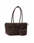 Rico Rinaldi Mendy Dark Coffee minimalist shoulder bag featuring an East-West silhouette, secure zip closure and detachable mini pouch