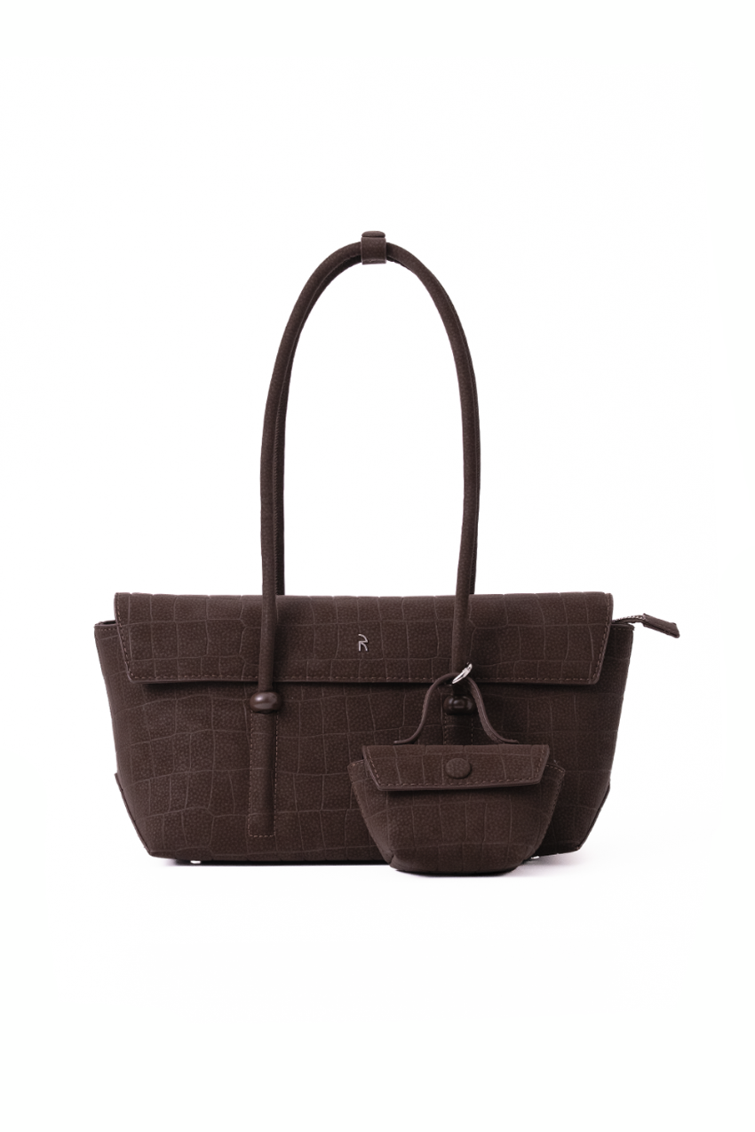 Rico Rinaldi Mendy Dark Coffee East-West shoulder bag with detachable mini pouch, spacious women's work bag in crocodile embossed PU vegan leather