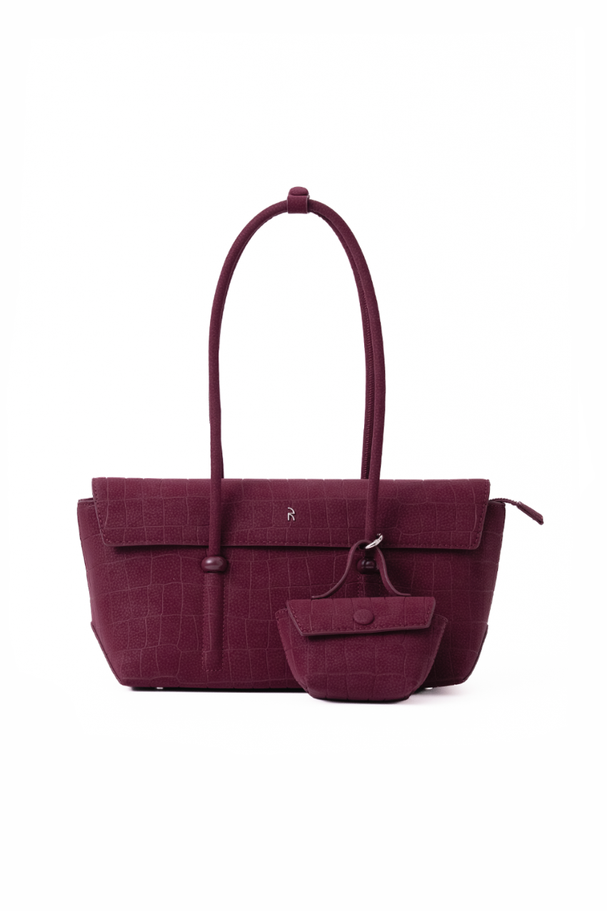 Rico Rinaldi Mendy Deep Maroon East-West shoulder bag with detachable mini pouch, spacious women's work bag in crocodile embossed PU vegan leather