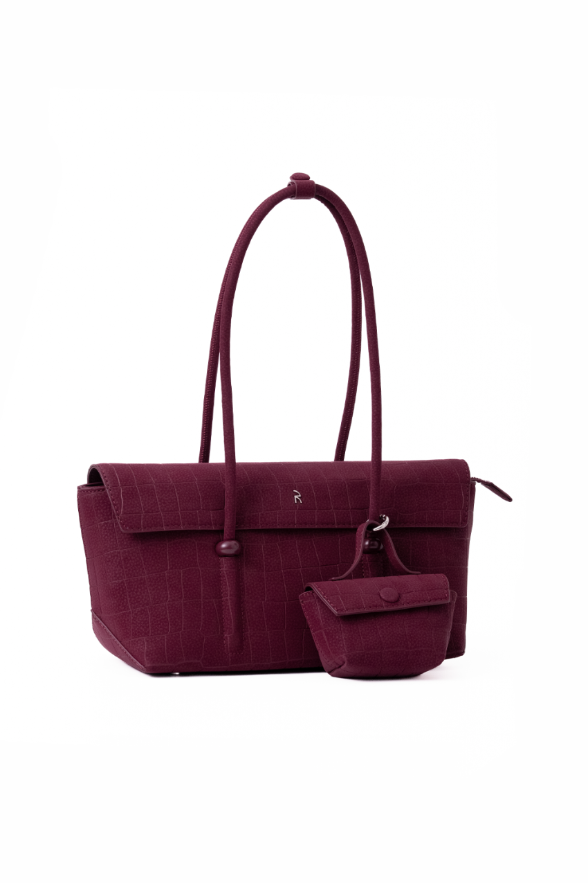 Rico Rinaldi Mendy Deep Maroon shoulder bag crafted from crocodile embossed PU vegan leather with detachable mini pouch