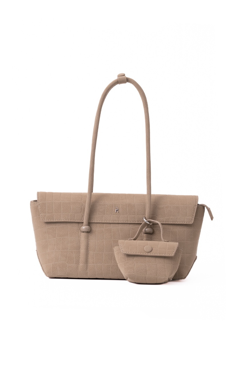 Rico Rinaldi Mendy Latte East-West shoulder bag with detachable mini pouch, spacious women's work bag in crocodile embossed PU vegan leather