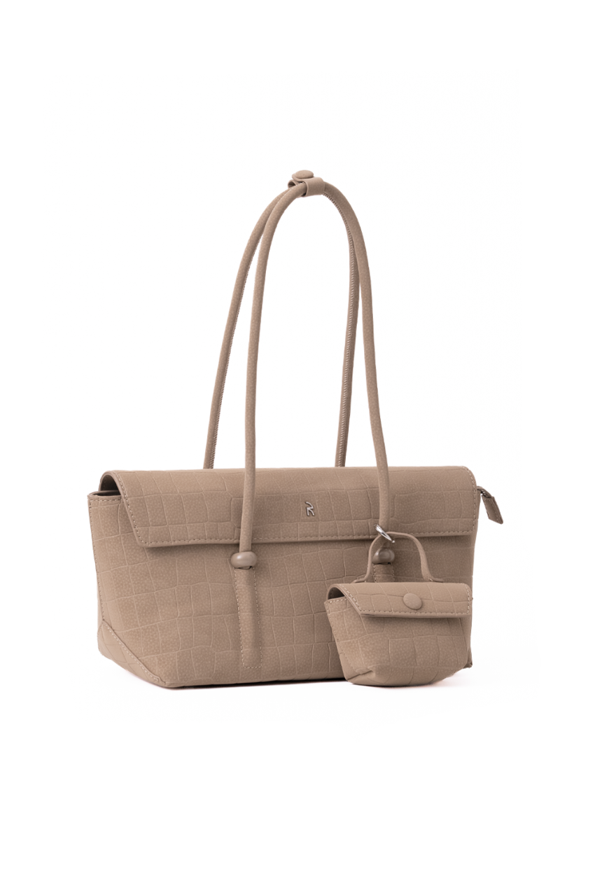 Rico Rinaldi Mendy Latte shoulder bag crafted from crocodile embossed PU vegan leather with detachable mini pouch and spacious interior