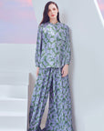 Pleated Palazzo In Printed Steel Blue